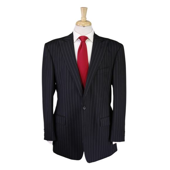 Gian Marco Black Pinstripe Peak Lapel Vitale Barberis Wool 2-Btn Suit 44R - Picture 1 of 11